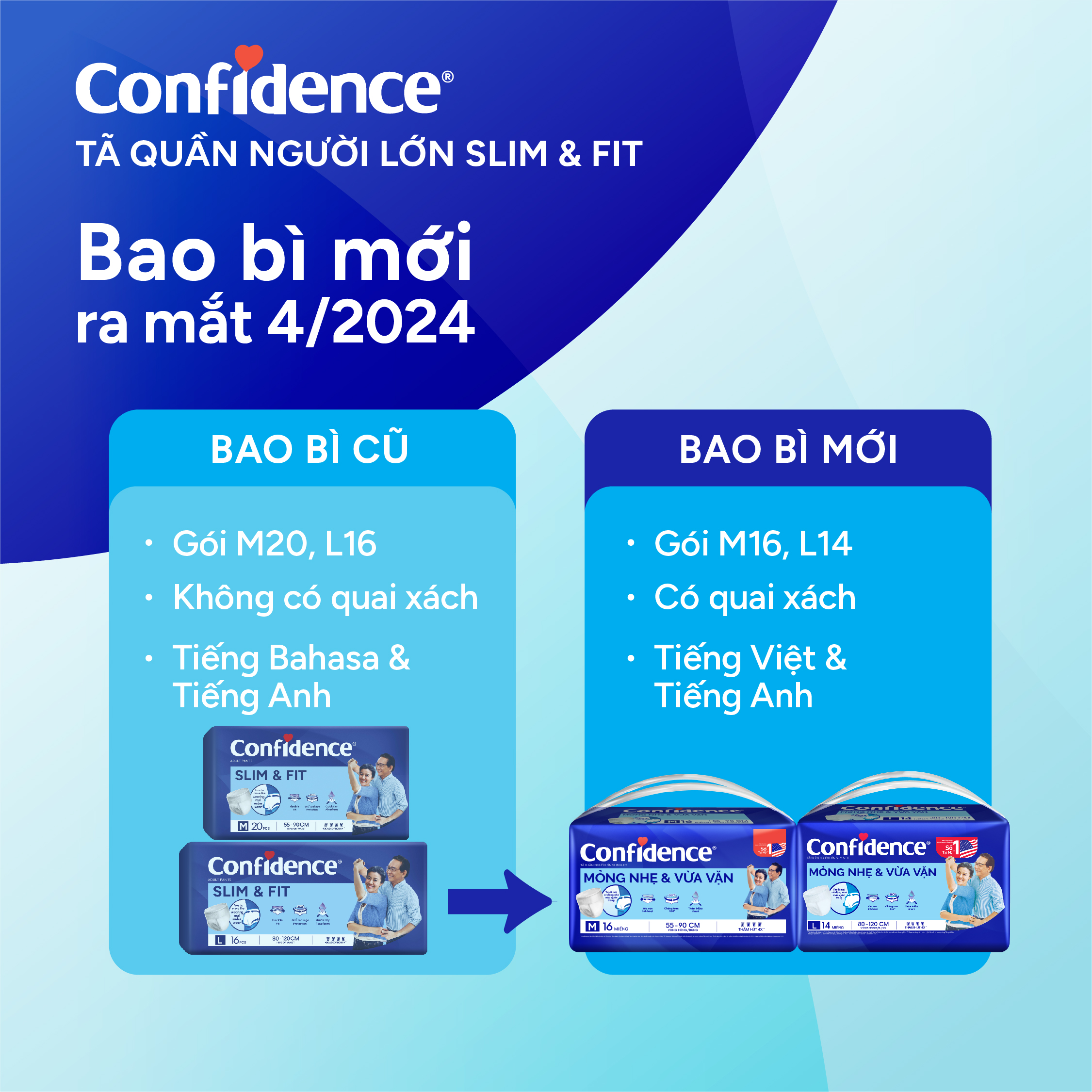 Tã quần người lớn Confidence Slim&amp;Fit mỏng nhẹ vừa vặn size L gói 14+2 miếng