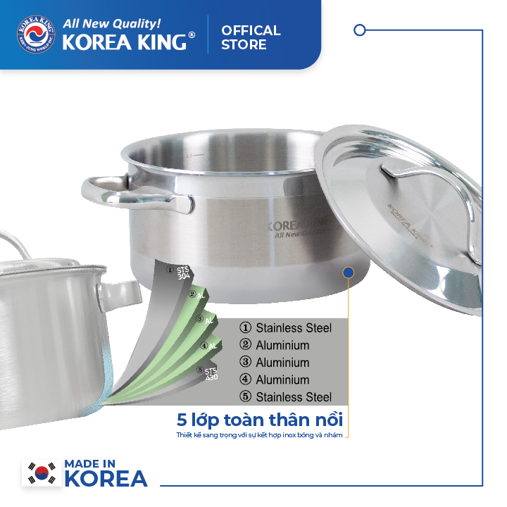 KP-20S5PLY Nồi inox 5 lớp đáy liền Korea King (Nồi, nắp đều bằng inox, đường kính 20cm, dung tích 3L)-Hàng chính hãng