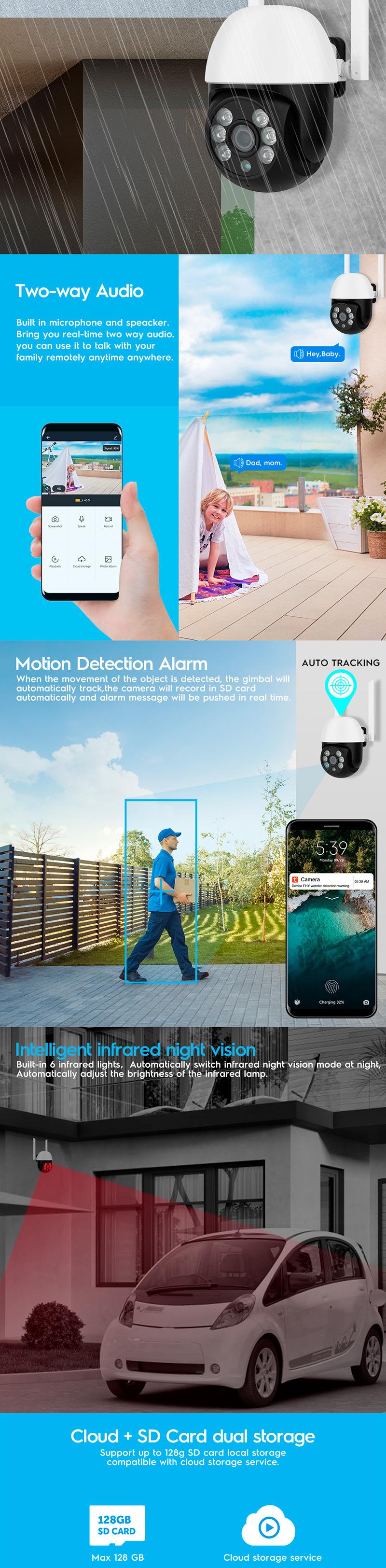 Camera WiFi không dây Camera tại nhà trong nhà và ngoài trời không thấm nước Máy ảnh giám sát PTZ Máy ảnh giám sát bảo mật