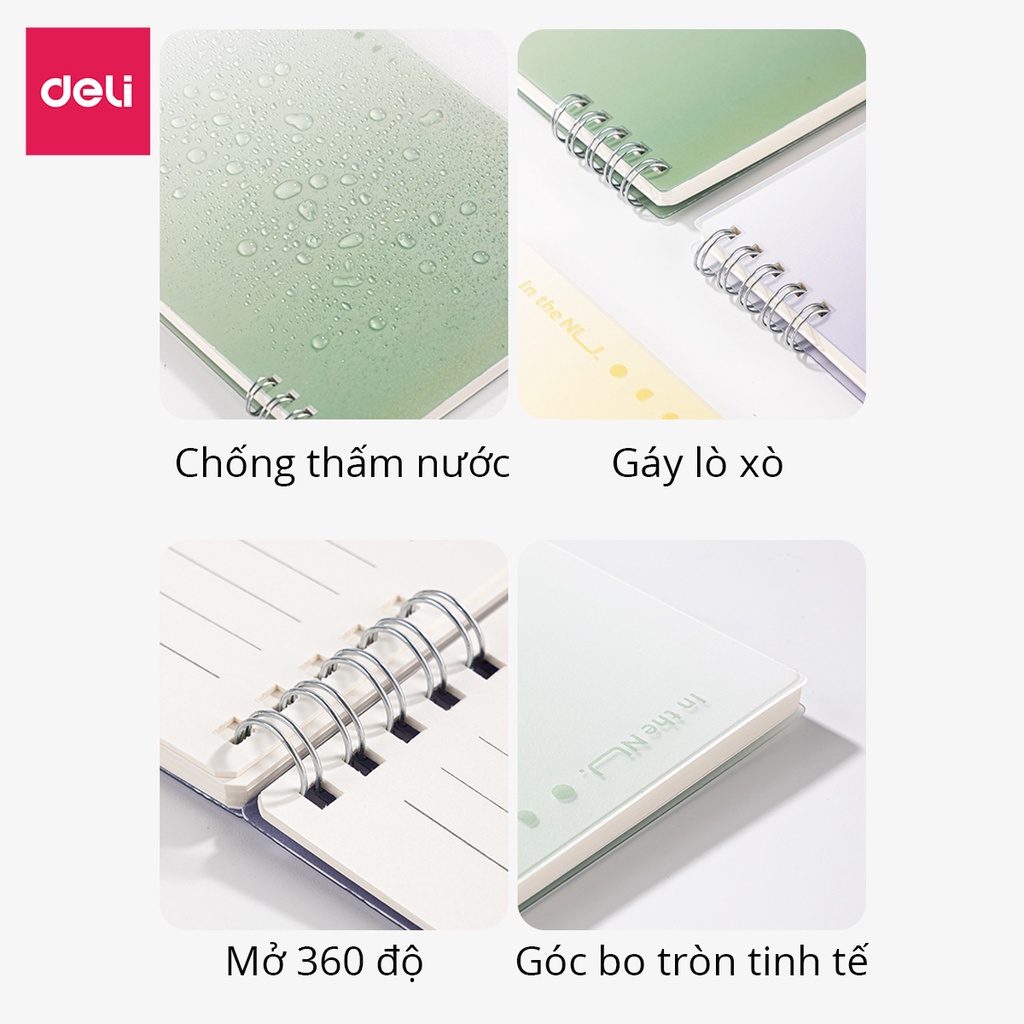 Sổ còng bìa nhựa PP Cao cấp NUsign Deli- 60 trang A5 - 4 màu bìa pastel trendy - phù hợp làm planner, tập vở học sinh, sổ tay, sổ ghi chép