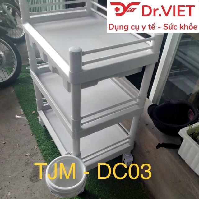 Xe đẩy dụng cụ tiêm nhựa ABS TJM-DC03.H2L Loại 3 tầng cở lớn, 2 hộc kéo, 1 chậu