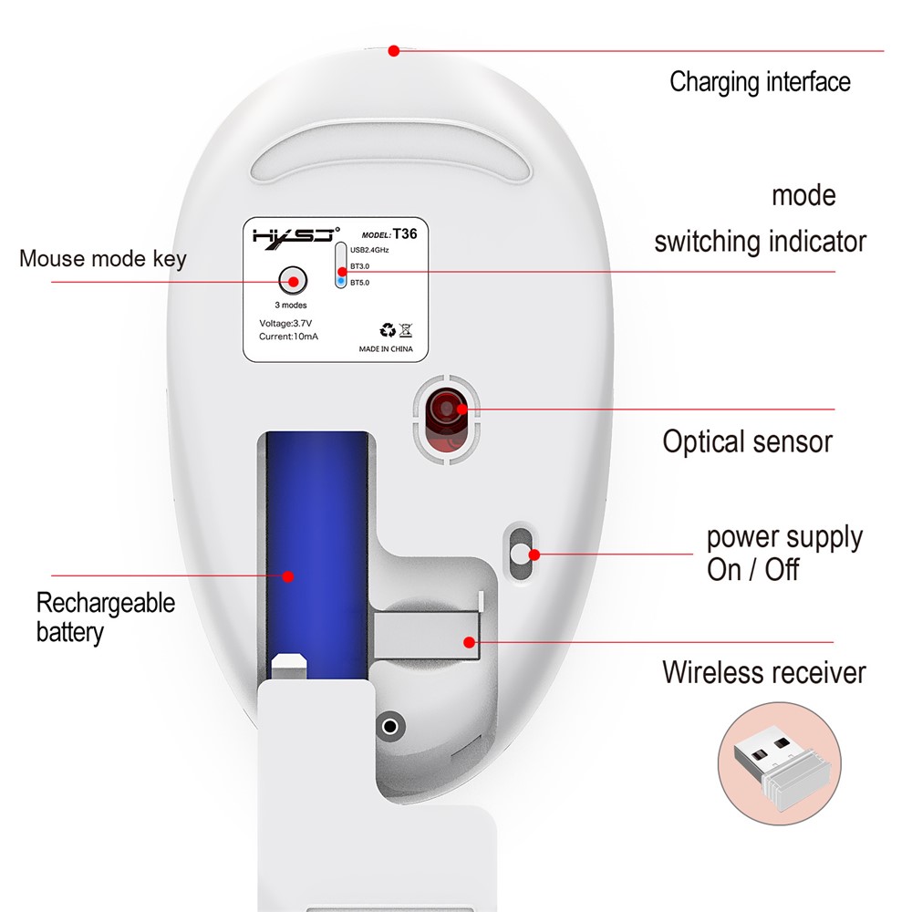 Chuột Không Dây 3 Chế Độ HXSJ T36 (Bluetooth 3.0/5.0 &amp; USB 2.4G) - Pin Sạc, Nút Bấm Chống Ồn, Thiết Kế Mỏng Nhẹ - Hàng Nhập Khẩu