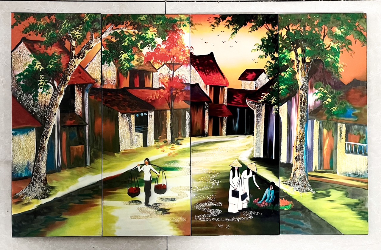 Bộ Tranh sơn mài 4 tấm - ĐỒNG QUÊ / PHỐ CỔ VIỆT NAM - Size 50x80 cm / 60x120 cm