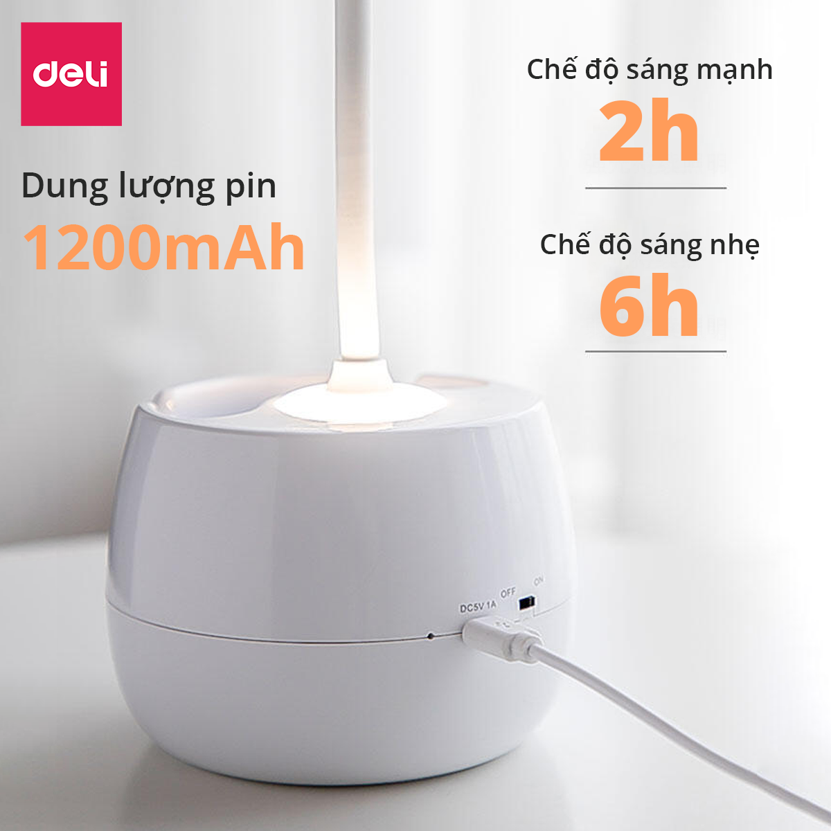 Đèn học để bàn chống cận có ống bút Deli - 3 mức độ ánh sáng - Sắc vàng tự nhiên bảo vệ mắt - Tích điện - Có thể gập gọn - 4326