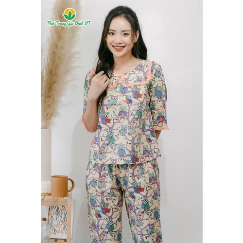 Bộ cotton VT quần dài áo dài tay nữ cổ bèo B49.2003 - Thời Trang Gia Đình VT