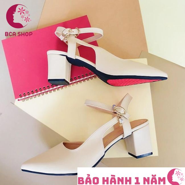 Giày sandal nữ cao gót 6 phân RO360 thời trang cao cấp ROSATA mũi nhọn, quai sau, kèm hạt kim cương nhân tạo, màu kem