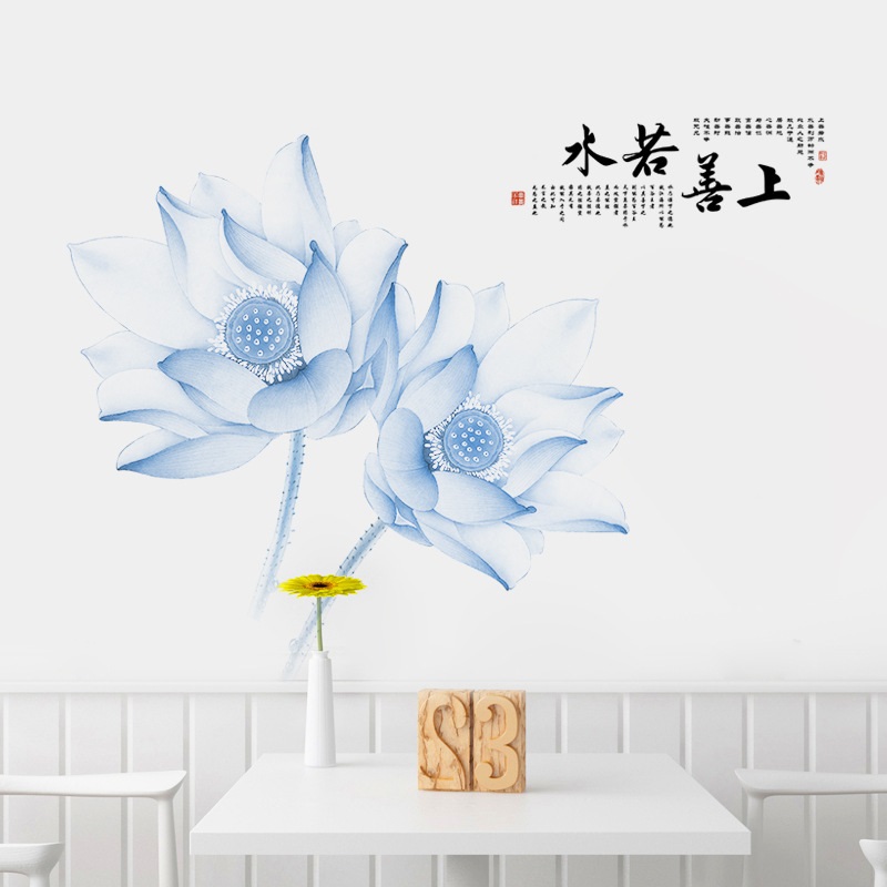 Decal dán tường hoa sen xanh dương size lớn sang trọng