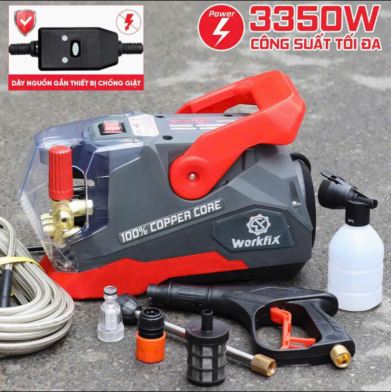 Máy rửa xe công suất lớn WOKFIX WF-PW3350W, Công suất 3350w 200bar, Có chỉnh áp, Động cơ dây đồng