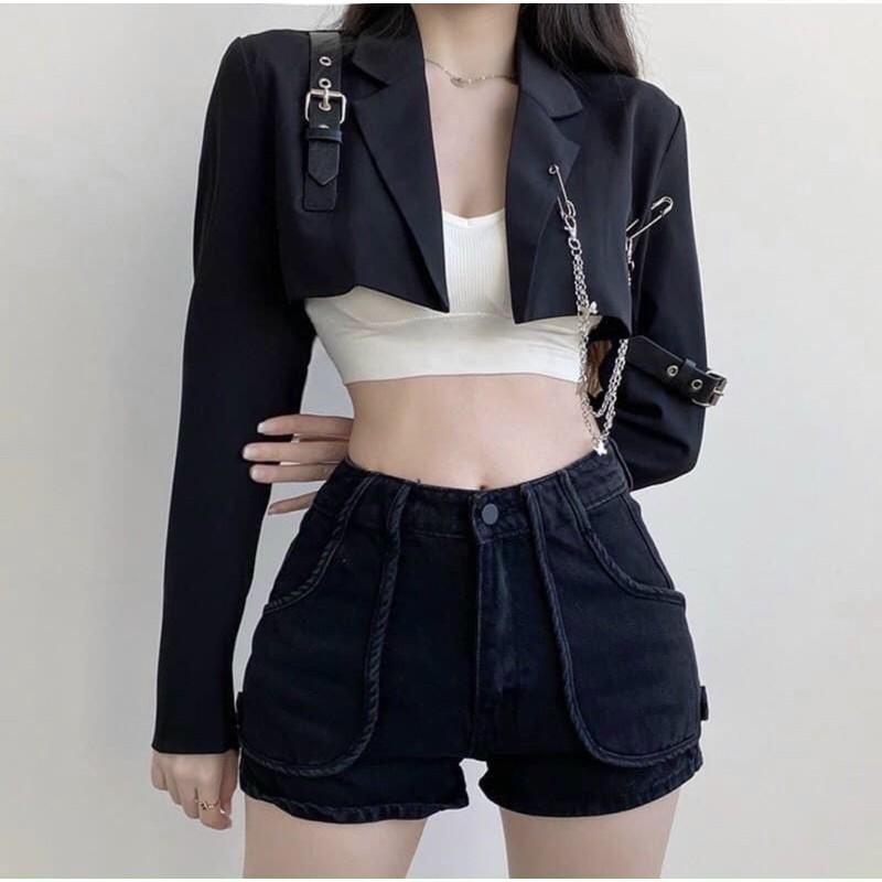 Áo khoác vest nữ form lững phối xích croptop chất vải Tuyết Mưa FreeSize dưới 52kg