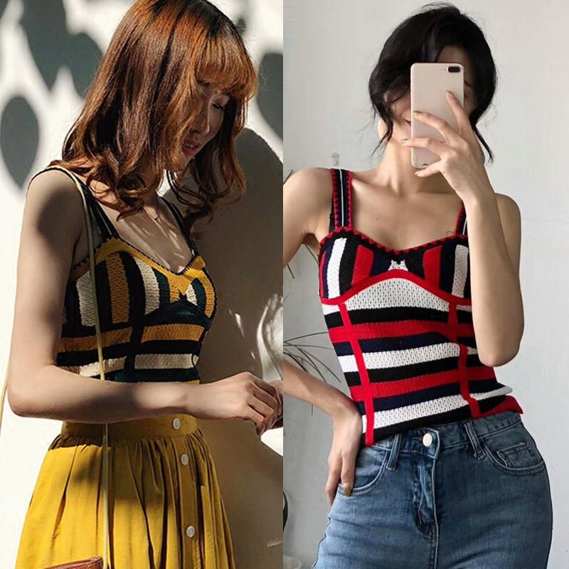 Áo dệt kim cộc tay cổ chữ V họa tiết kẻ sọc thời trang nữ