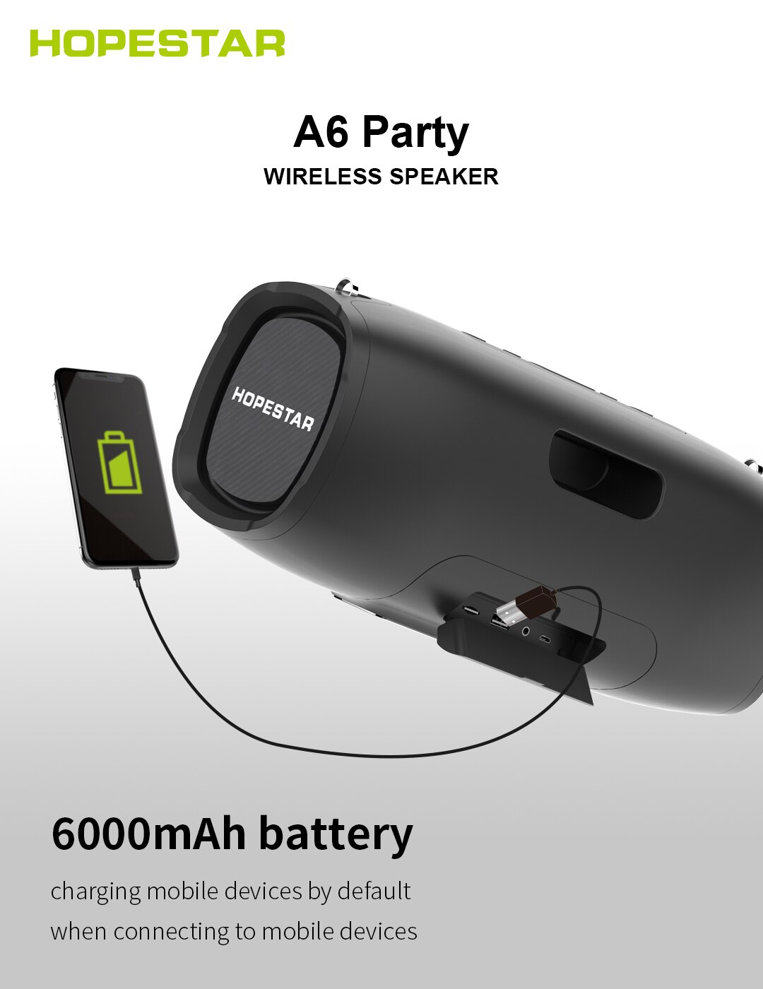 Loa bluetooth di động Hopestar A6 Party - Loa siêu bass, màng rung cộng hưởng - Công suất 40W, chống nước chuẩn IPX6 - Tính năng TWS (True Wireless Stereo) - Đầy đủ kết nối Bluetooth, AUX, USB - Đèn led sống động - Giao màu ngẫu nhiên - Hàng nhập khẩu