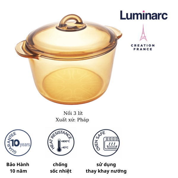 Bộ 3 nồi thuỷ tinh Luminarc Amberline Granite 1.5 Lít/ 2 Lít / 3 Lít (Bảo Hành 10 Năm)- LUGR1523