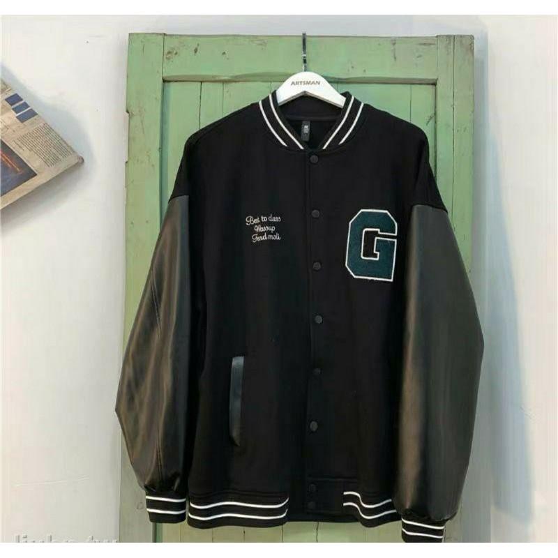 Áo Khoác Bomber Chữ G Áo Nỉ Tay Da Chữ Thêu Nam Nữ