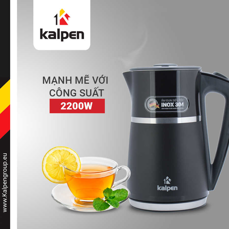 Ấm Đun Nước Siêu Tốc 3 Lớp Kalpen, 1.7L-2200W, Hàng Chính Hãng