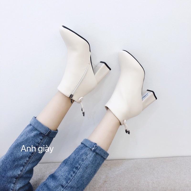 B45 - Bốt mũi vuông da lì khoá cạnh gót trụ 7p nơ nhỏ