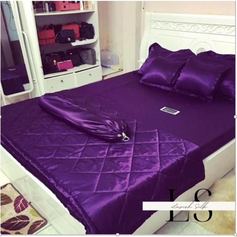 Trọn Bộ Chăn Ga Gối Phi Lụa Lavish Silk Cao Cấp Mát Lạnh Hàng Loại 1 Không Nối Vải -Tím Than