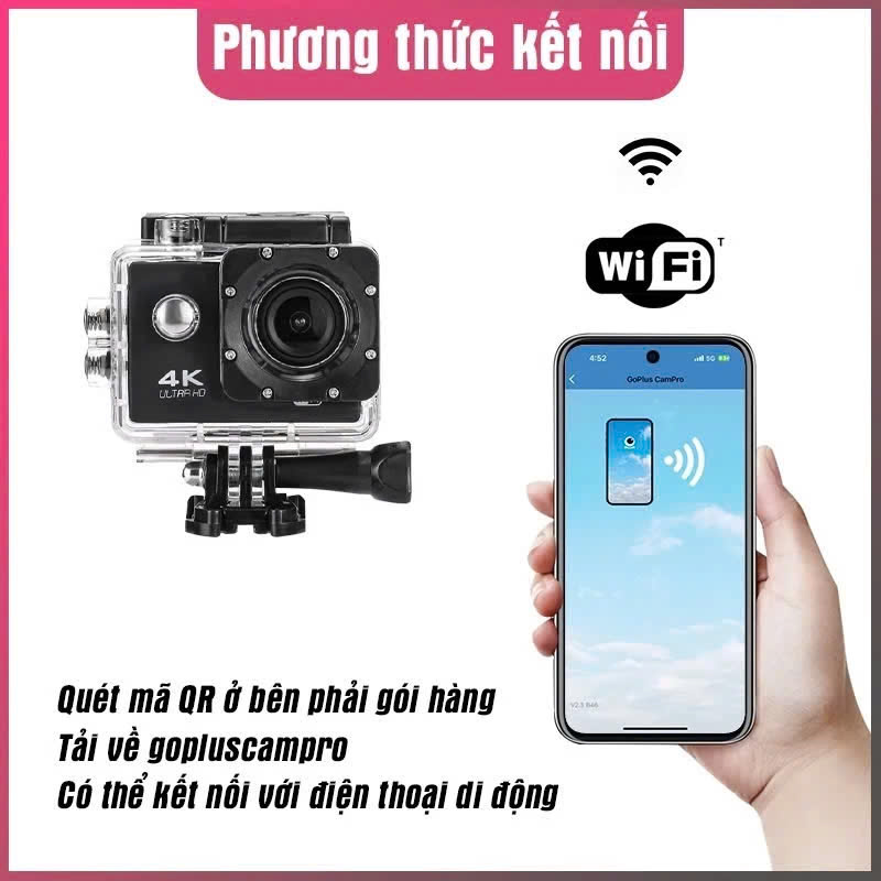 áo thun CAM Hành Trình 4K SPORT Ultra HD DV, Kết Nối Wifi, Chống Rung Quang Học, Chống Nước Ip67