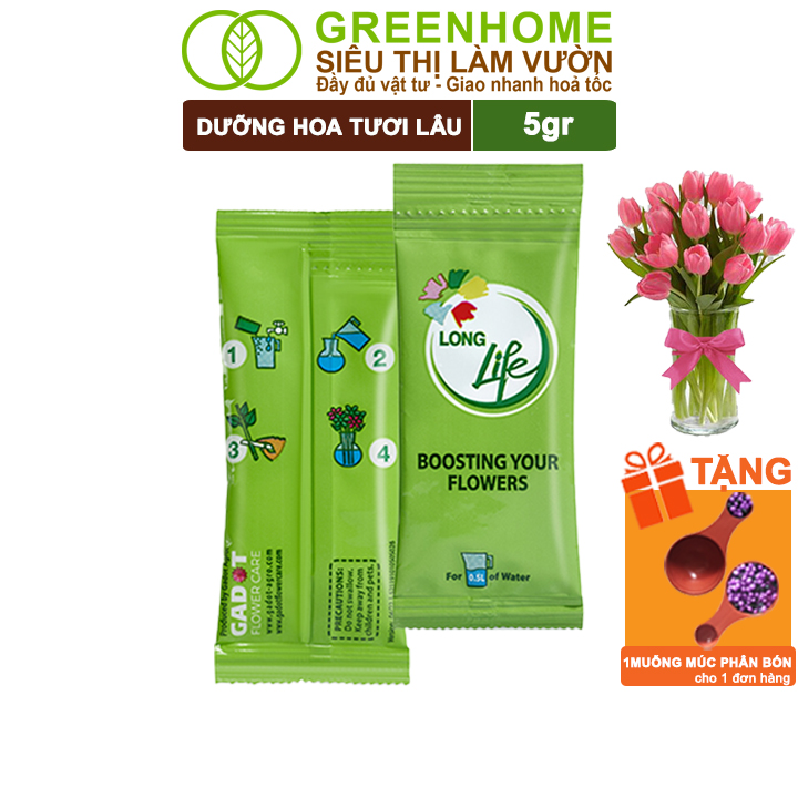 Dưỡng Hoa Tươi Lâu Greenhome, Longlife, Phân Bón Cho Hoa Cắt Cành, Gói 5gr, Lâu Tàn, Nở Bông To, Không Bị Hôi Nước