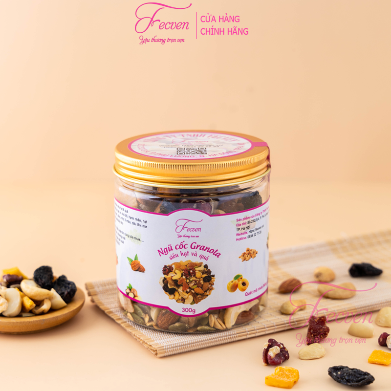 Granola Siêu Hạt Và Quả Fecven - Ngũ Cốc Granola Ăn Kiêng Giảm Cân, Eat Clean, Ăn Vặt, Bữa Phụ Tiện Lợi, Không Đường, 12 Thành Phần Hạt Và Quả Sấy Dẻo - Vị Nguyên Bản