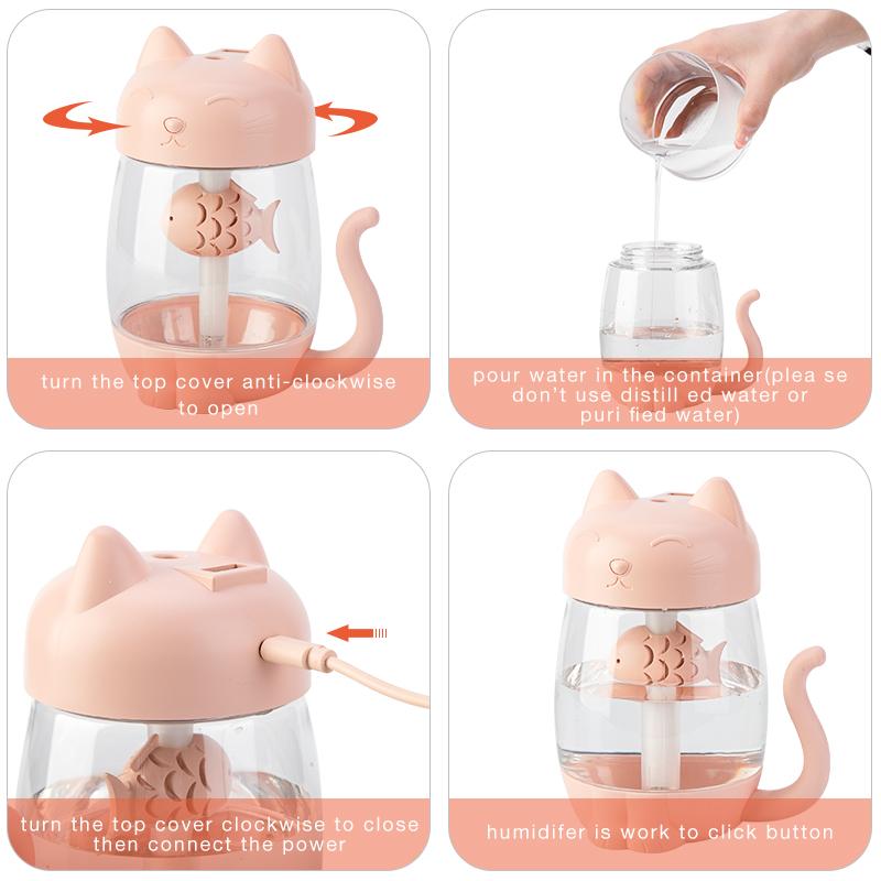 3 In1 350ML USB Mèo Máy Tạo Độ Ẩm Không Khí Siêu Âm-Sương Đáng Yêu Mini Humidificador Có Đèn LED Mini USB quạt Văn Phòng Nhà