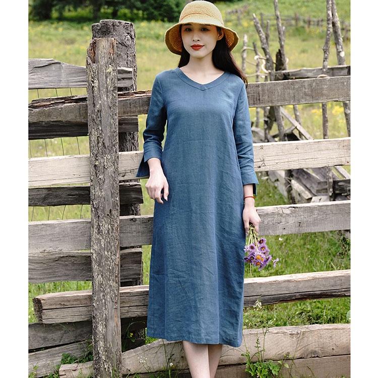 Đầm suông linen cổ tim tay lỡ kèm đai rời, thời trang phong cách trẻ - Xanh coban