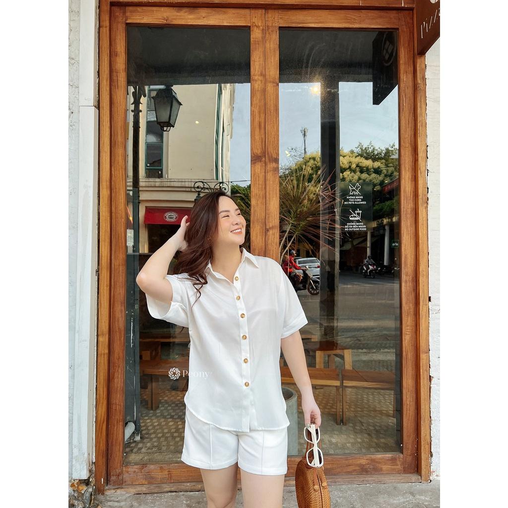 Áo sơ mi nữ trắng, dáng freesize, tay cánh rơi, ngắn tay, chất sợi sen thoáng mát, kèm đai rời Peony - OLIVIA TOP