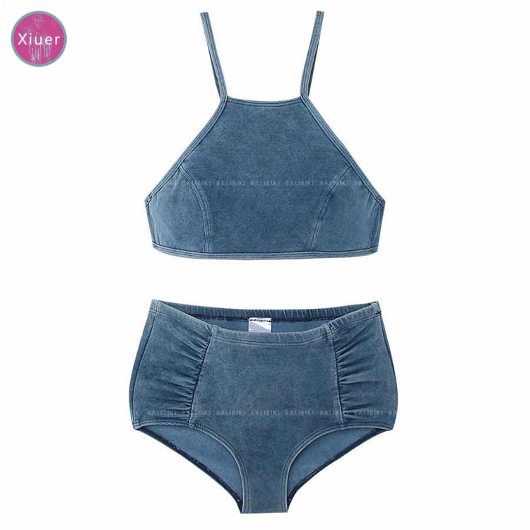 Xiuer Bộ Đồ Bơi bikini Vải denim Cạp Cao Có Đệm Ngực Phong Cách Hàn Quốc Gợi Cảm Chất Lượng Cao Đi Biển#Y33