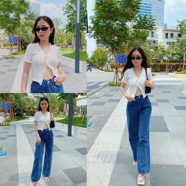 QUẦN JEANS XUÔNG DÀI TRƠN xanh đậm- nhạt may gấu- clip shop quay