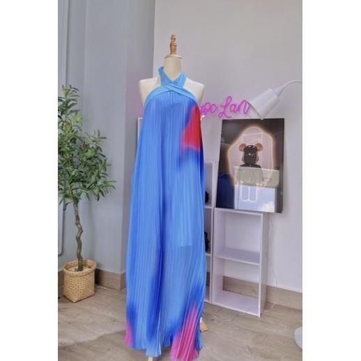Đầm váy maxi loang màu xanh voan dập ly cổ yếm cột nơ hở lưng Ivy fashion đi biển dự tiệc dạo phố bigsize gợi cảm