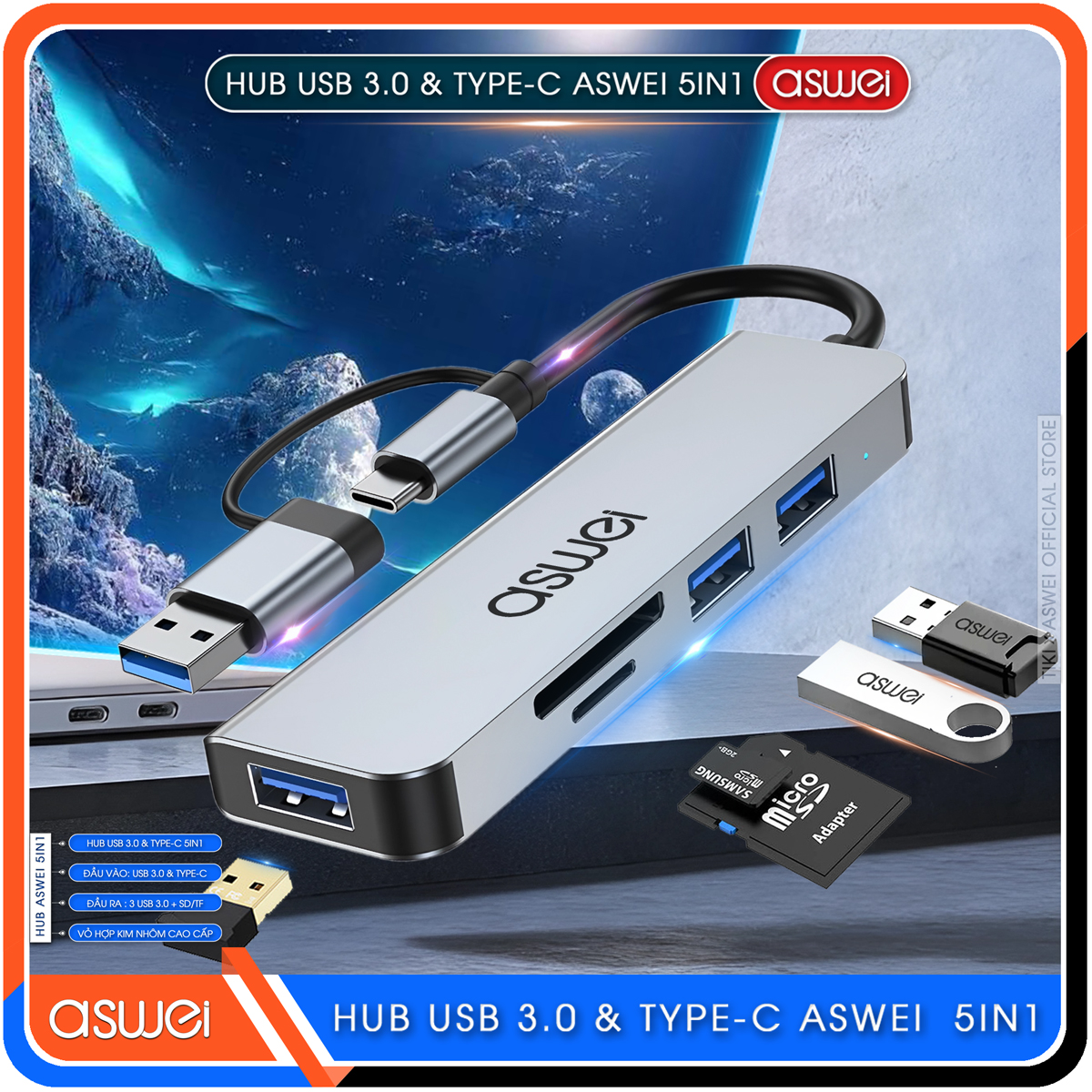 Hub Type C Và Hub USB ASWEI 5 in 1 To USB 3.0, SD, TF - Hàng Chính Hãng