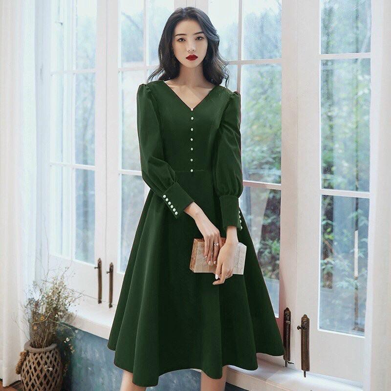 Đầm xoè tay dài cổ V đính nút thu đông kèm hình chụp thật