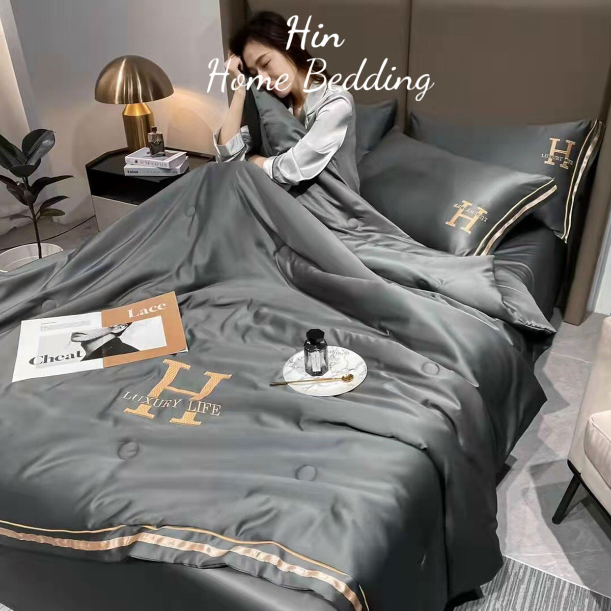 Bộ Chăn Ga Gối Đệm 5 Món Chăn Phao Lụa Thái Hin Home Bedding Drap Giường Lụa Mẫu Xám Lông Chuột