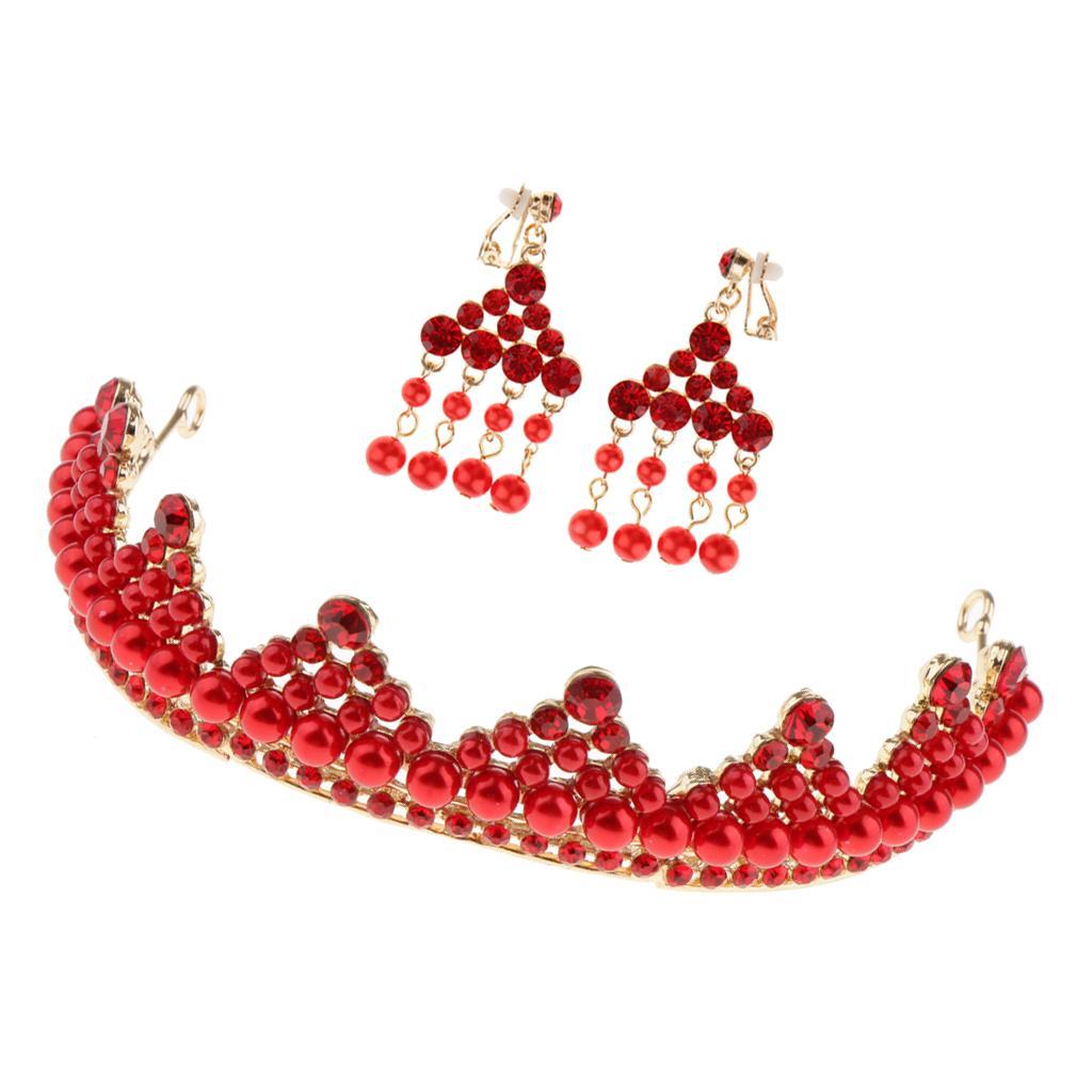 Wedding Bridal Pearls Crown Headband Earrings Girls Woman Party Jewelry Set