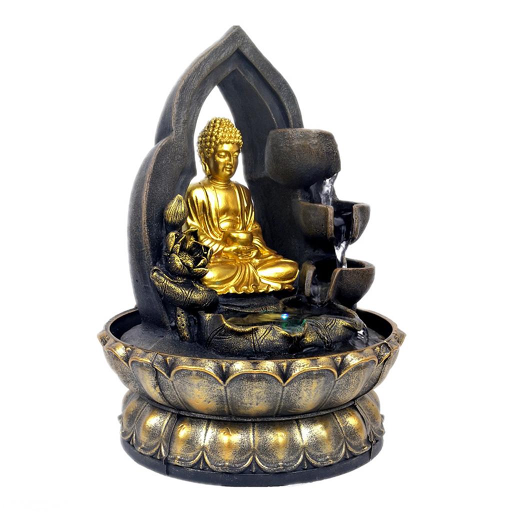 Tabletop Fountain LED Lights Water Waterfall Resin Buddha Statue Sculpture