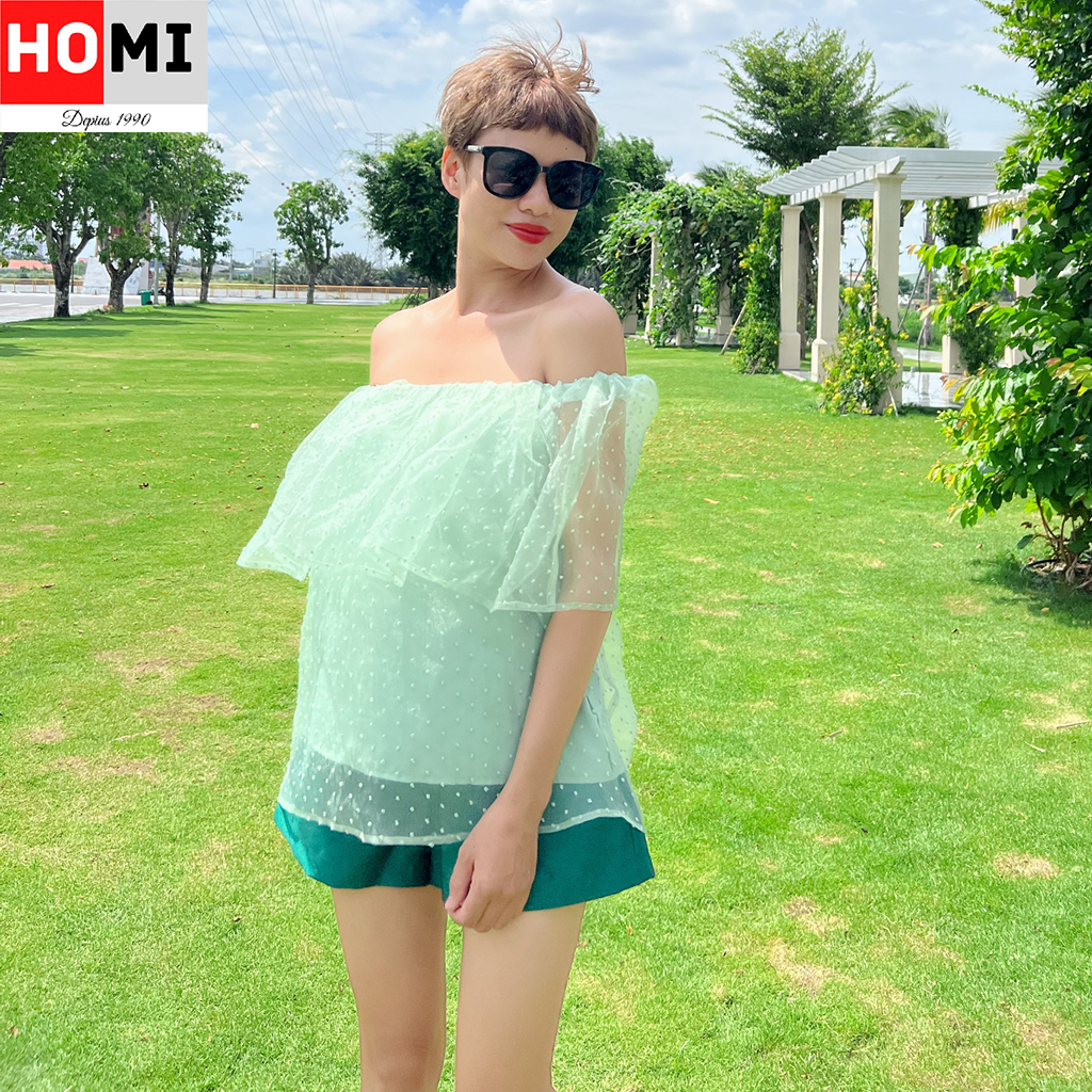 Áo bẹt vai voan chấm bi xanh Homi Fashion