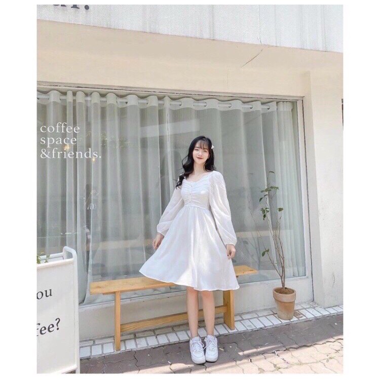 Váy babydoll dáng dài trắng tay bồng 3 khuy ngực, đầm nữ dự tiệc dáng xòe
