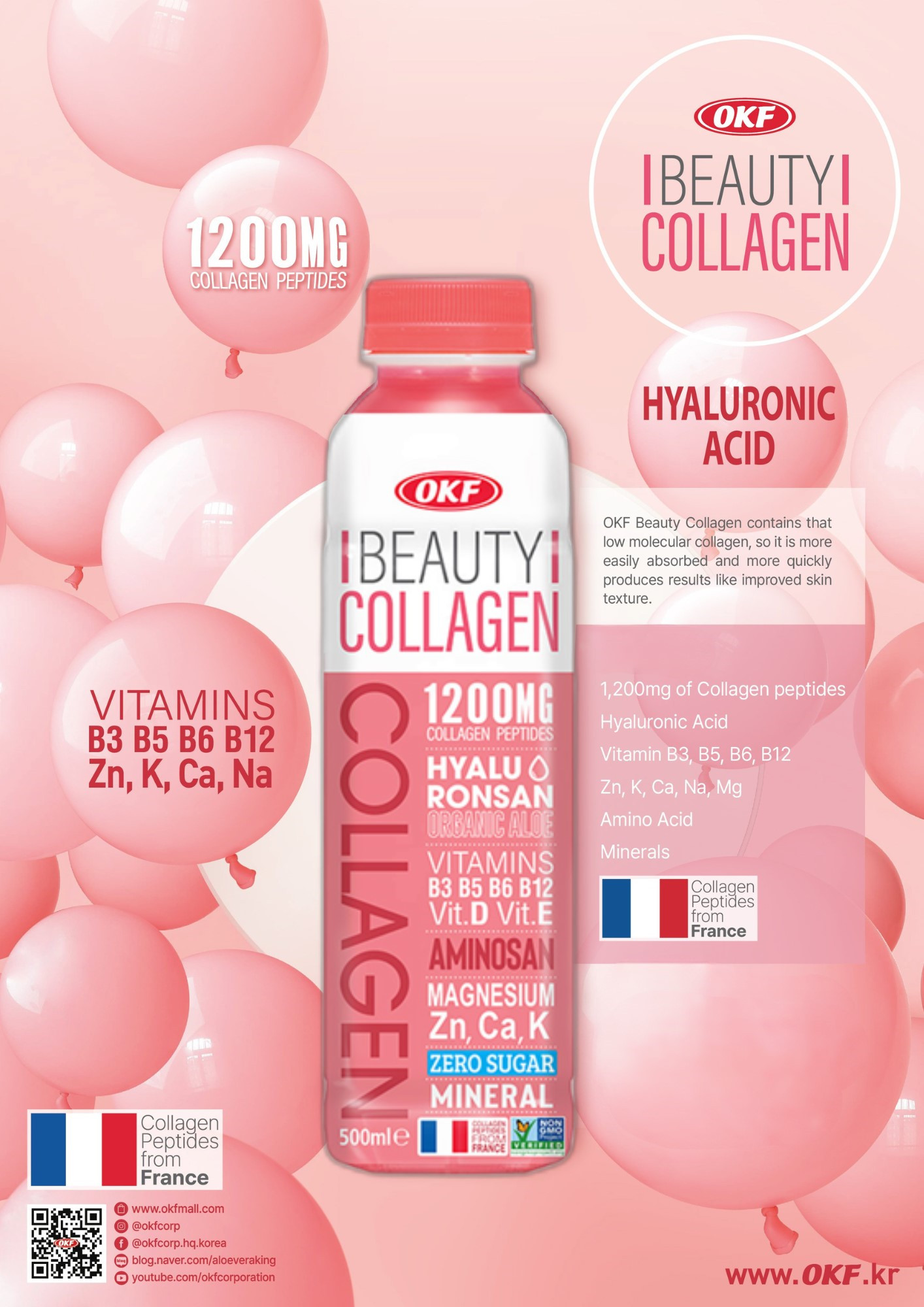 Nước Beauty Collagen (NƯỚC COLLAGEN KHÔNG ĐƯỜNG) OKF HÀN QUỐC x 6 chai 500ml