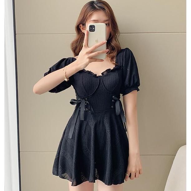 Bộ đồ bơi nữ liền dáng váy chất thun gân phối dây rút siêu xinh 2 màu đen trắng