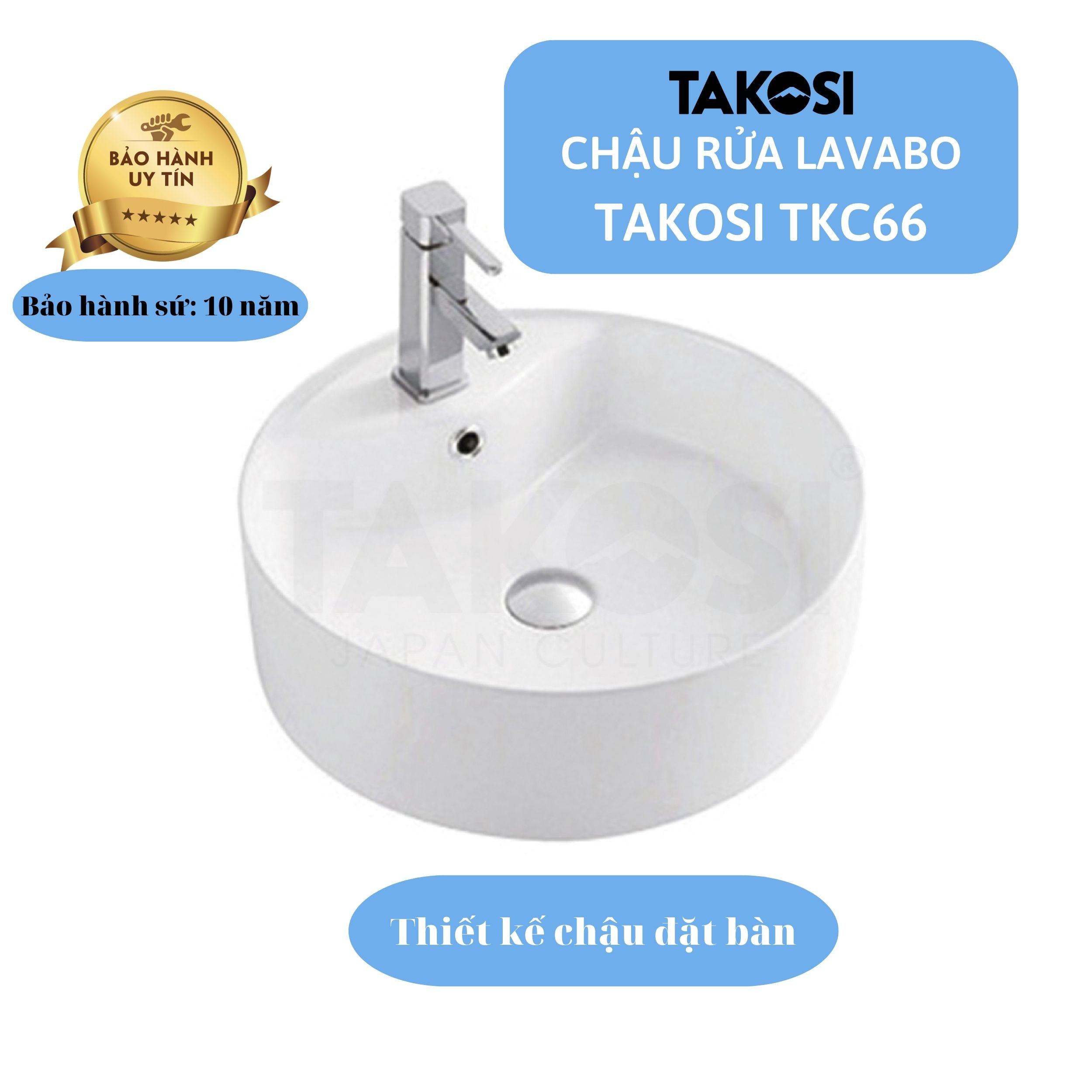 Chậu Lavabo sứ, chậu rửa mặt  phòng tắm hình tròn Takosi TKC66 đặt bàn dùng gia đình, khách sạn - hàng chính hãng bảo hành 10 năm