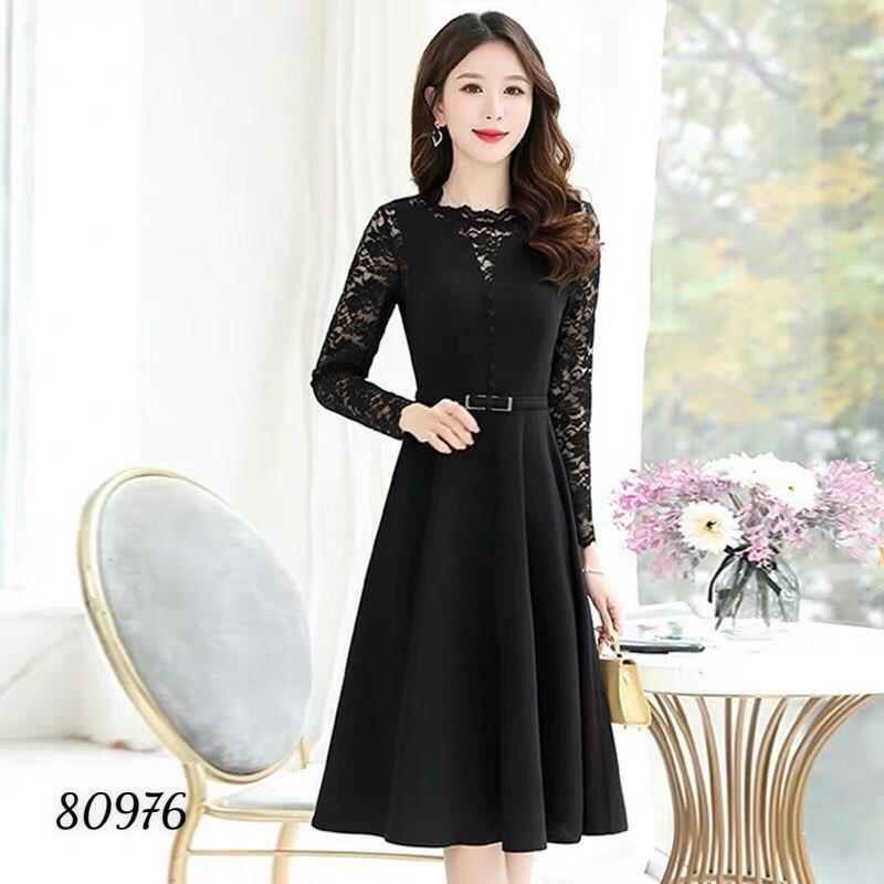 ĐẦM CÔNG SỞ PHỐI TAY REN DÀI TAY KÈM THẮT LƯNG SANG TRỌNG-D09