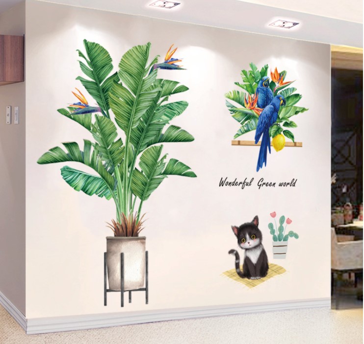 Decal chú mèo con bên chậu cây và đôi chim két