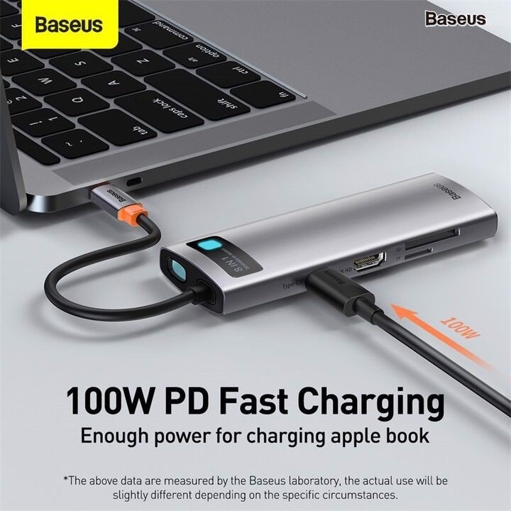 Hub chuyển đổi đa năng 8 trong 1 Baseus CAHUB-CV0G ( Type-C to HDMI/ USB3.0/ LAN / SD Card Reader/ Type C PD 100W, Multifunctional HUB) - HÀNG NHẬP KHẨU