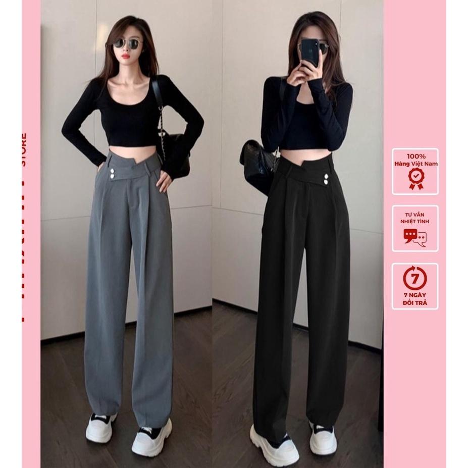 Quần tây ống suông rộng nữ lưng cao 2 khuy lệch dáng dài 100 cạp vát chéo độc đáo M52