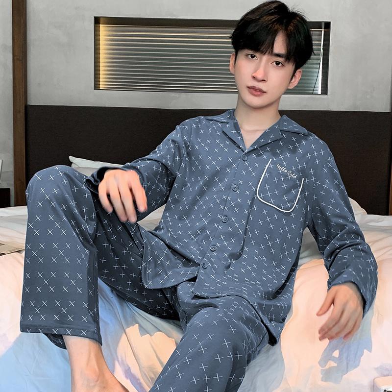 3678 - Bộ Pijama dài tay cao cấp, họa tiết chữ X nhí cùng tông xanh nam tính, size L-3XL