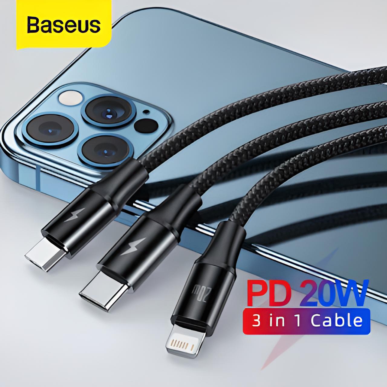 Dây cáp sạc nhanh 20W 3 in 1 Type-C to Light cho iPhone iPad / Type C / Micro USB chuẩn PD 3.0 hiệu Baseus Rapid Series 3-in-1 - hàng nhập khẩu