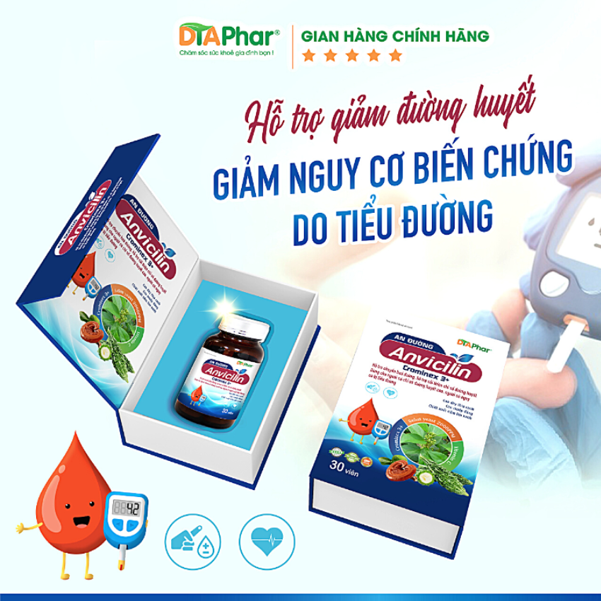 Viên uống đường huyết An Đường Anvicilin Hỗ trợ giảm đường huyết nguy cơ biên chứng do tiểu đường Hộp 30 viên Tâm An Pharma