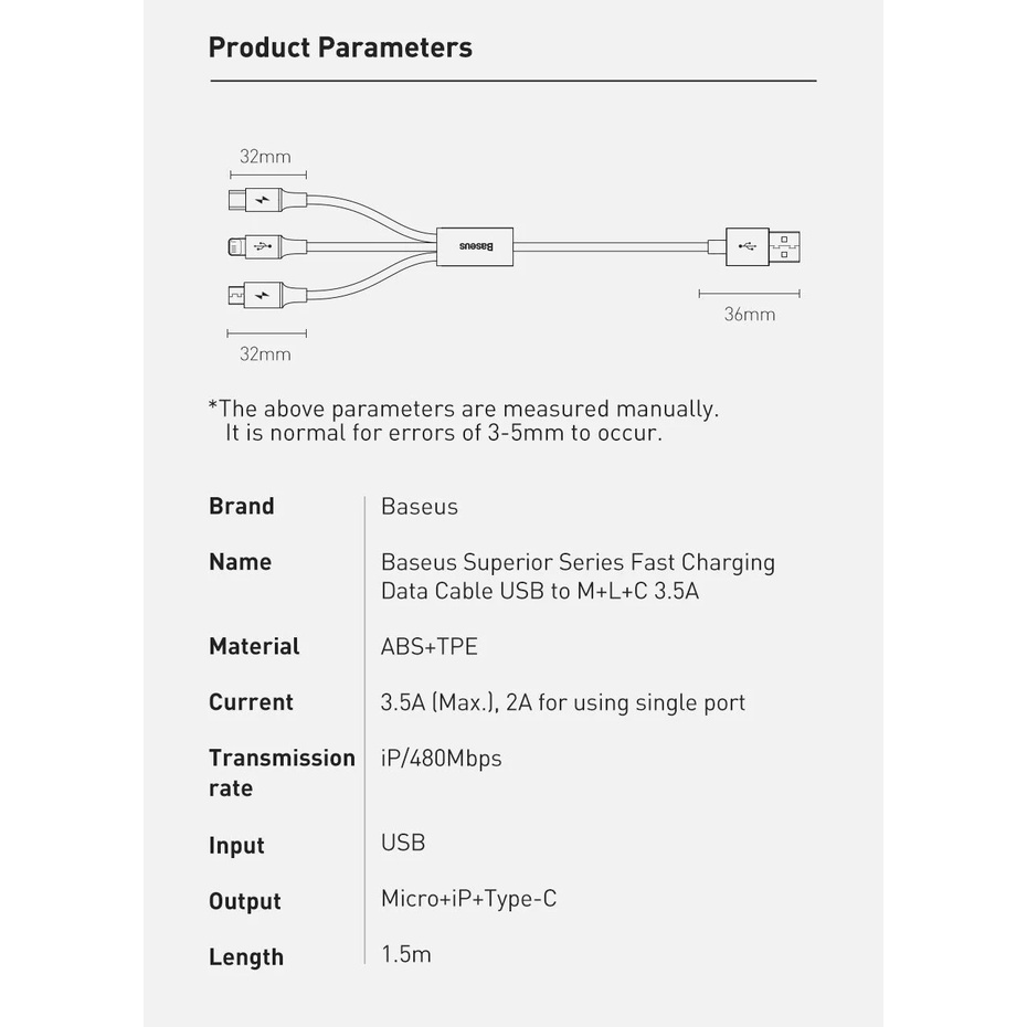 Cáp đa năng 3 đầu ip+M+C năng dòng sạc 3.5A Baseus Superior Series CAMLTYS-02 1.5M màu ngẫu nhiên -Hàng chính hãng