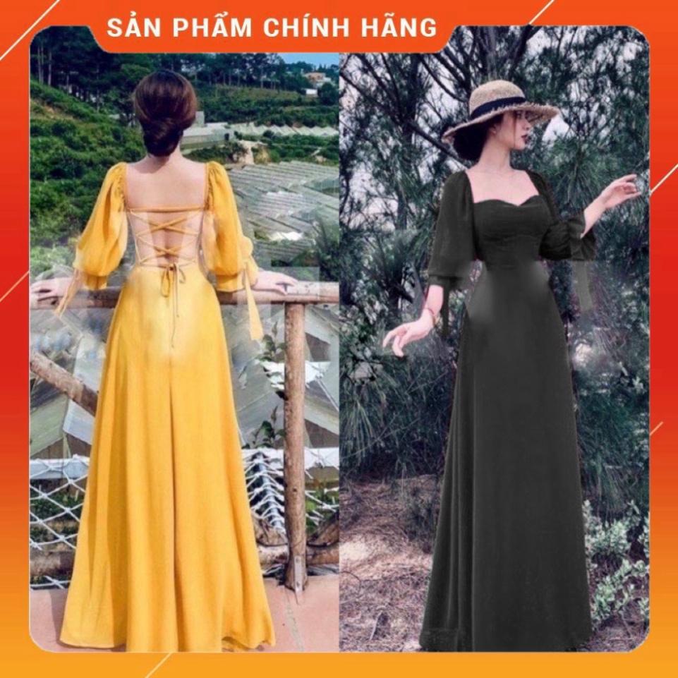 BIGSIZE 50-90KG Đầm maxi đan dây lụa lạnh cổ vuông tay dài xoè dài đan dây lưng hở lưng ngoại cỡ đi biển dự t