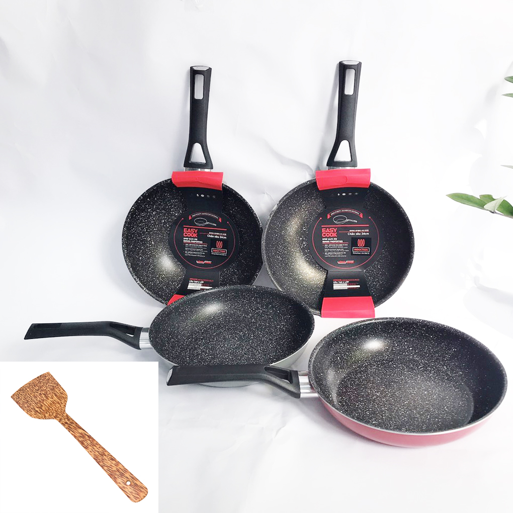 Chảo đáy từ vân đá chống dính Kims Cook 24cm tay cầm chịu nhiệt - tặng 1 sạn dừa - Hàng chính hãng