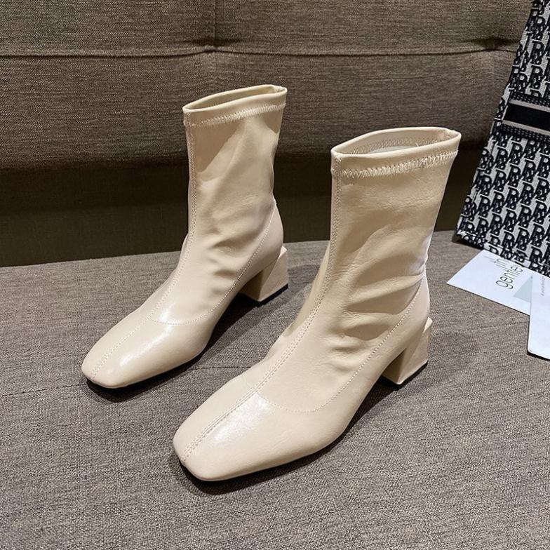 Giày Bốt Nữ Da Đế Cao - Boots Nữ Cao Gót 5.cm Màu Đen Kem Thời Trang Hàn Quốc Đi Làm Đi Học Quyến Rũ